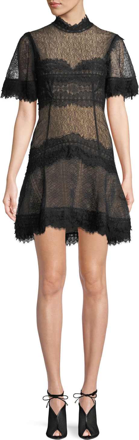 Jonathan Simkhai Lingerie-Inspired Lace Short-Sleeve Mini Cocktail Dress