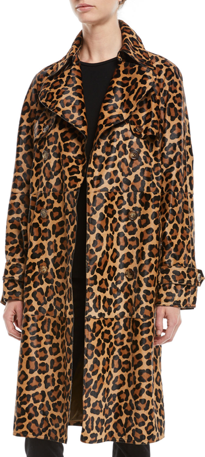 Michael Kors Collection Leopard-Print Double-Breasted Haircalf Trench Coat