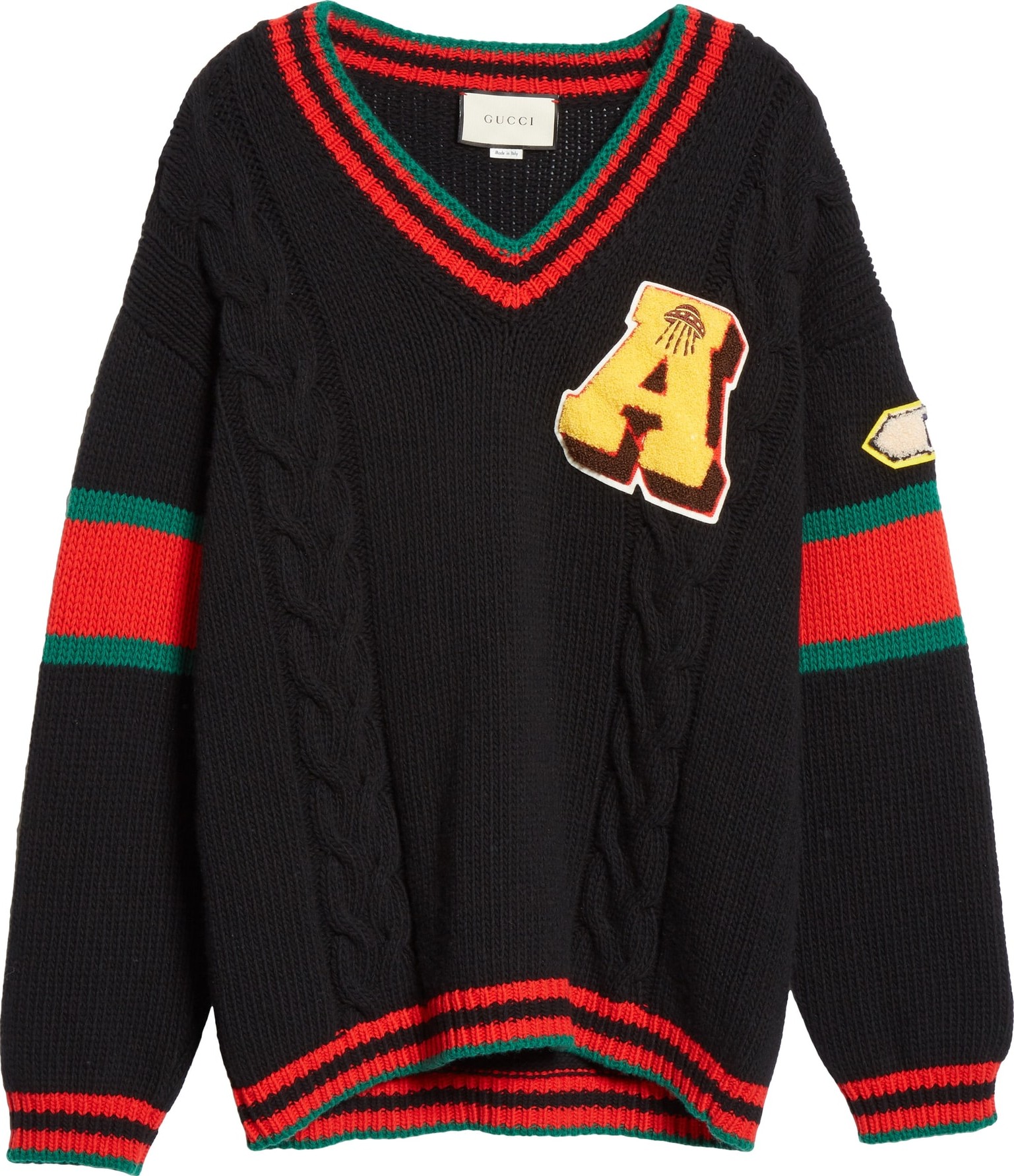 Gucci Cable Knit Wool Varsity Sweater