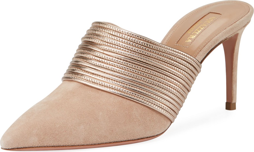 Aquazzura Rendez Vou Metallic-Trim Suede Slide Mule