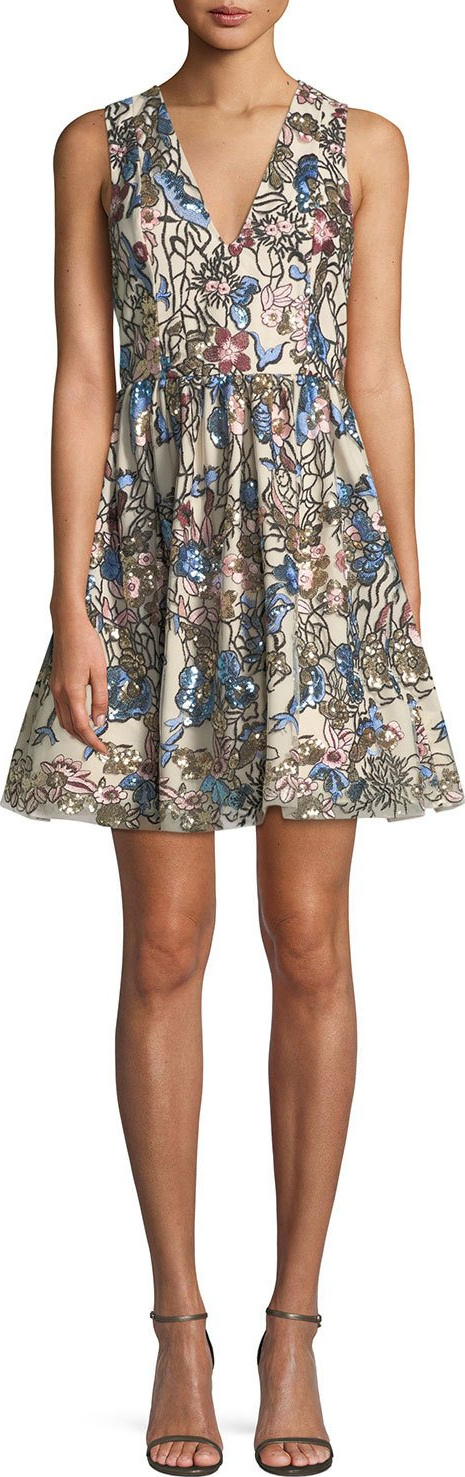 Alice + Olivia Becca V-Neck Midi Pouf Cocktail Dress