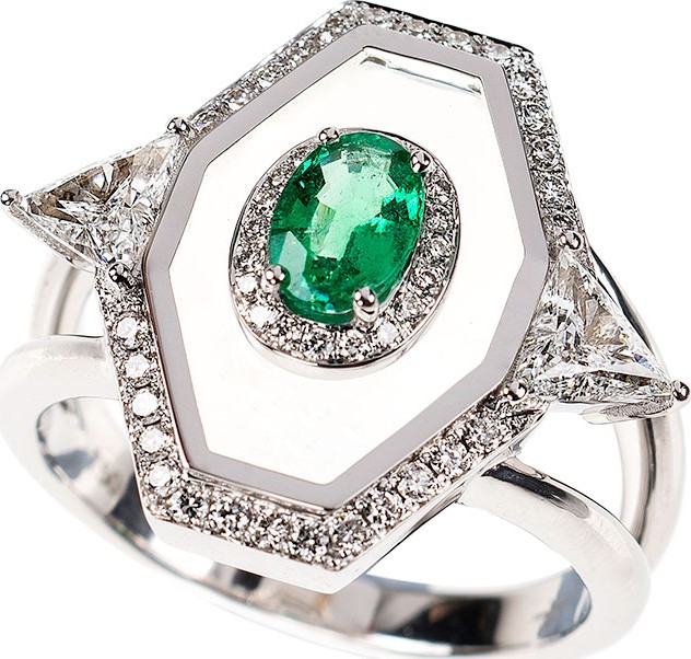 Nikos Koulis Universe 18k White Gold Oval Emerald  Diamond & Enamel Ring