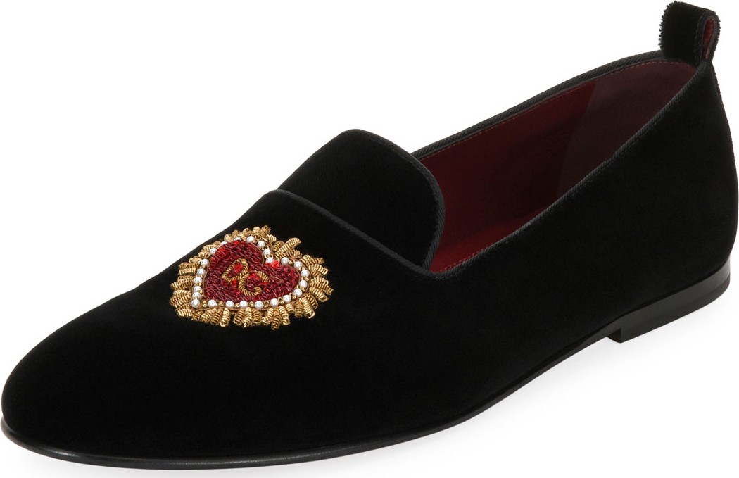 Dolce & Gabbana Men's Velvet Formal Slippers with Heart Applique