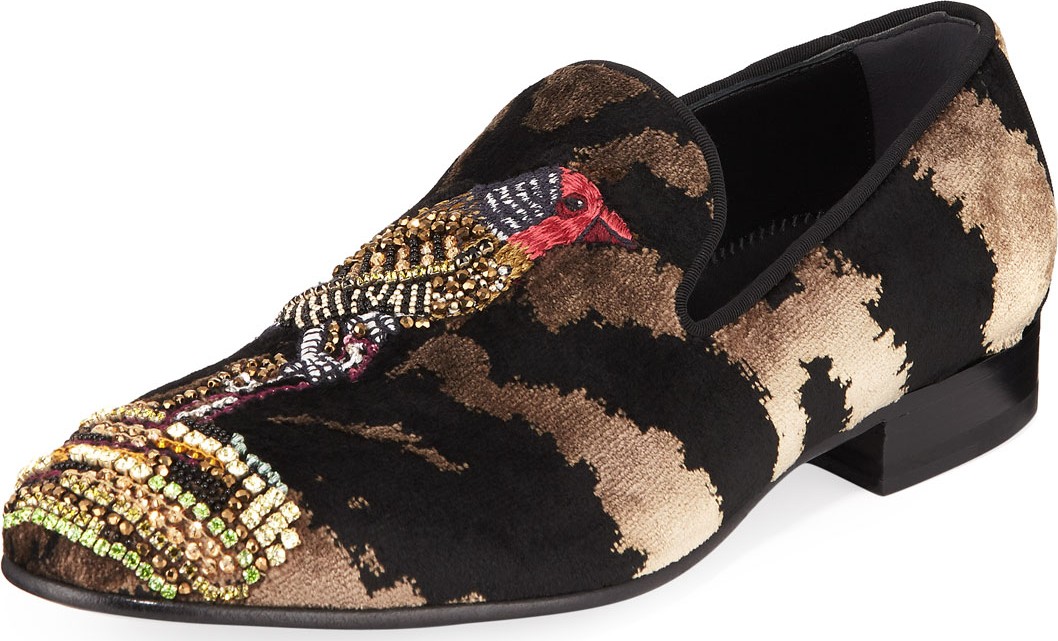 Alexander McQueen Men's Bird-Embellished Velvet Formal Slippers