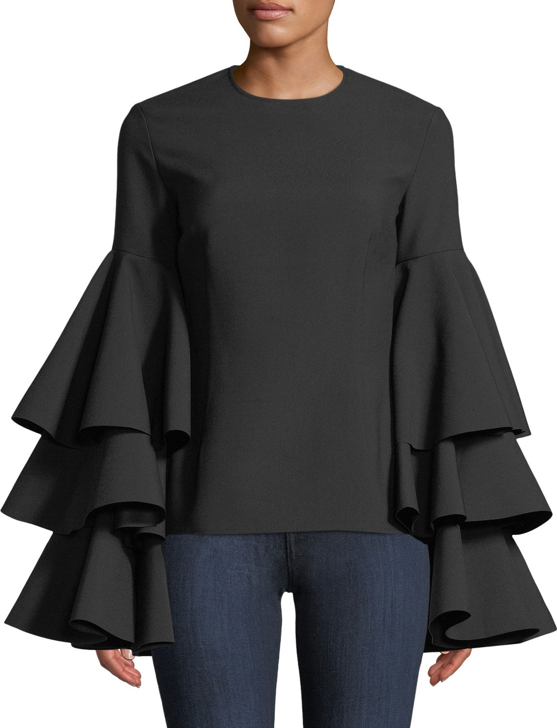 Solace London Ruba Tiered Flounce-Sleeve Crepe Top