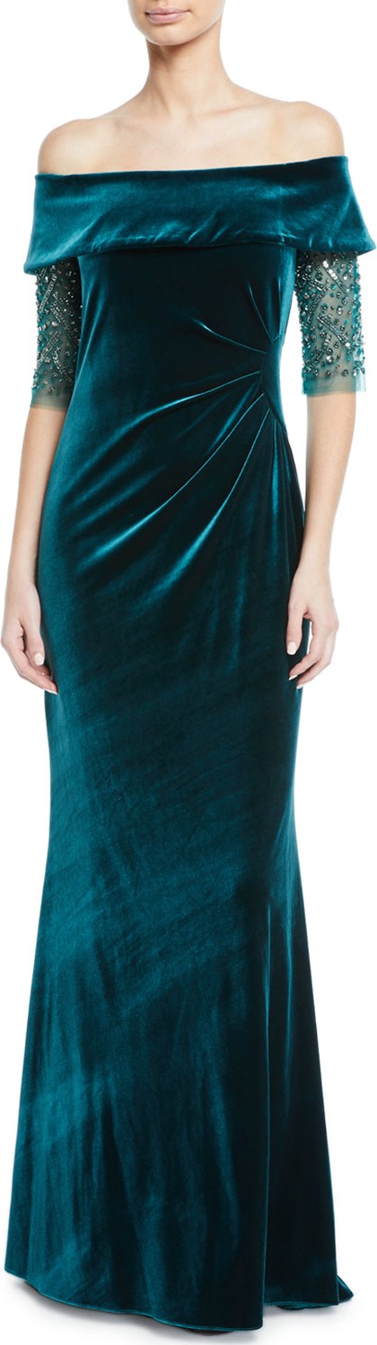 Rickie Freeman for Teri Jon Bead-Sleeve Off-the-Shoulder Velvet Gown