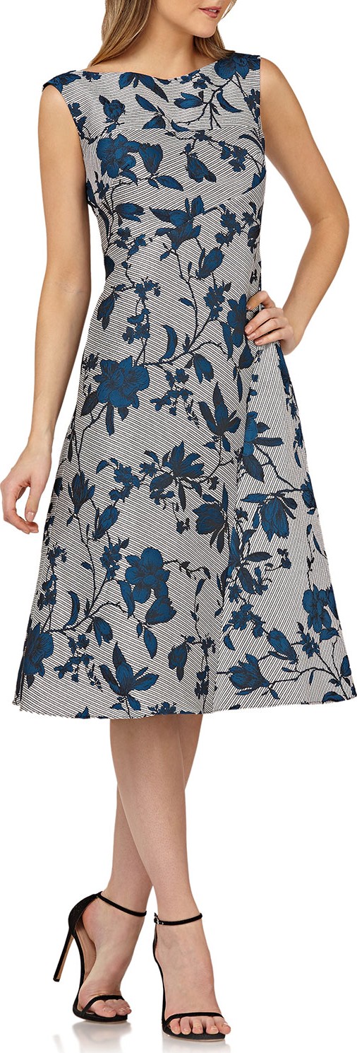 Kay Unger Sleeveless Floral Dress w/ Mitered Stripes