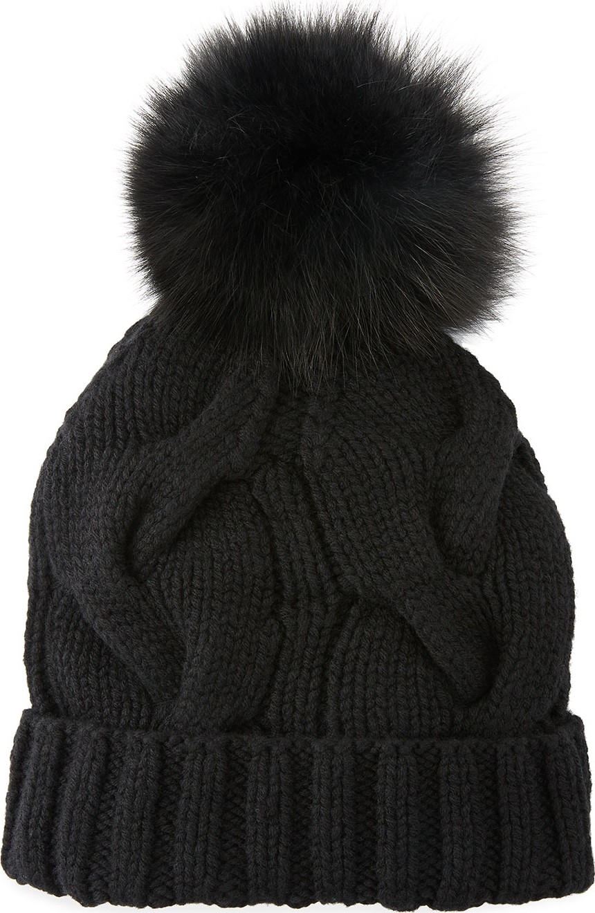 Loro Piana Cashmere Chunky Knit Beanie Hat w/ Fur Pompom