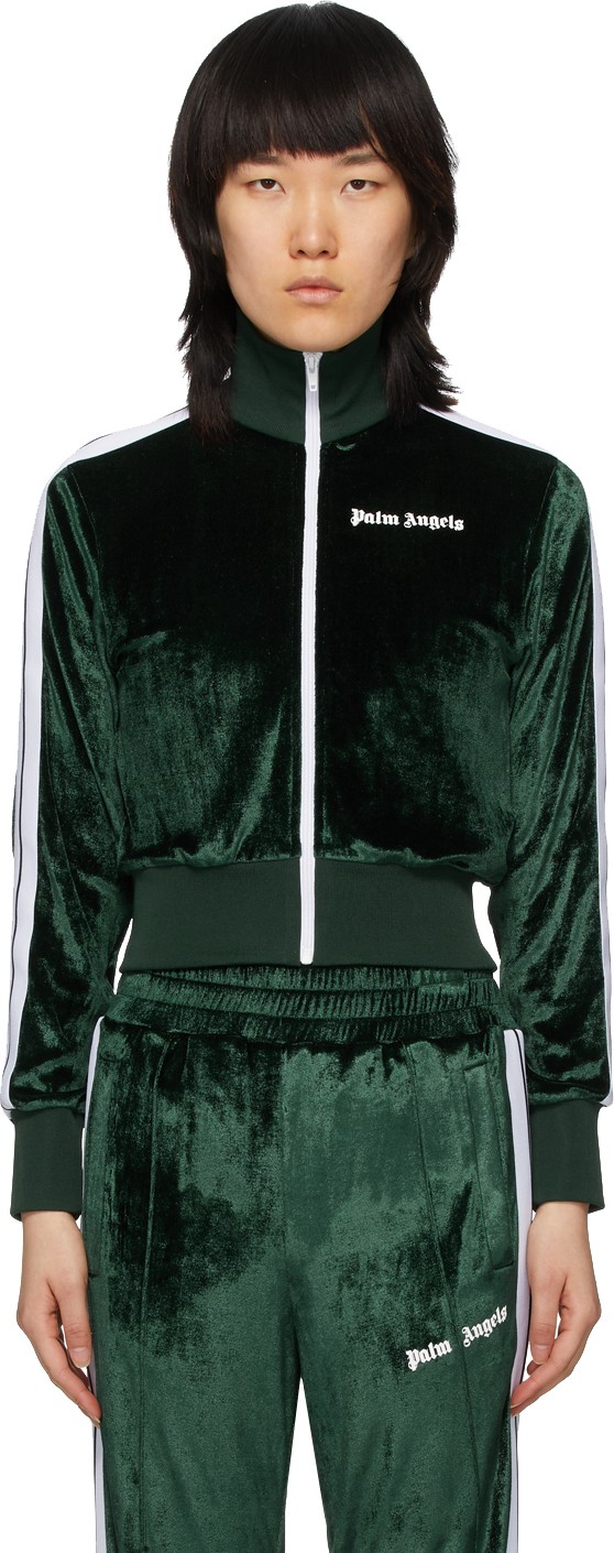 Palm Angels Green Chenille Cropped Zip-Up Sweatshirt
