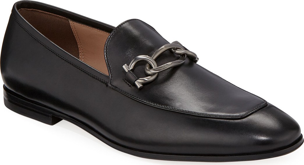 Salvatore Ferragamo Men's Smooth Leather Loafers with Chain Bit
