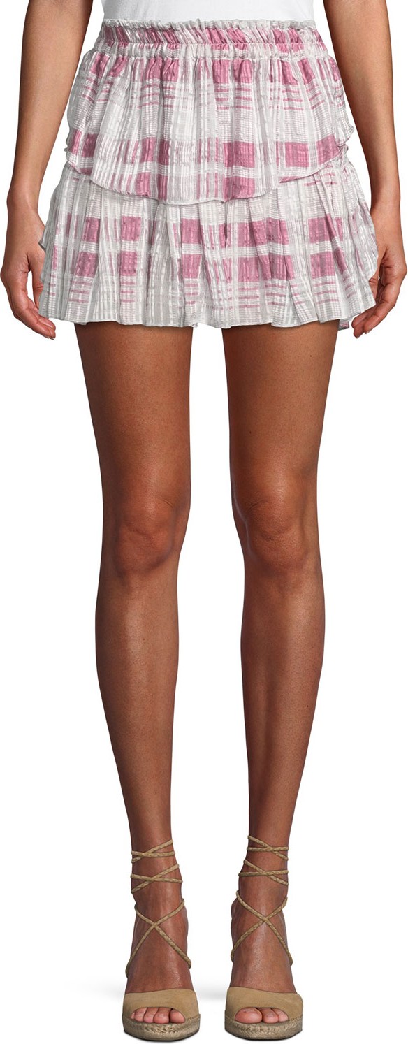 LOVESHACKFANCY Tiered Ruffle Plaid Silk Mini Skirt