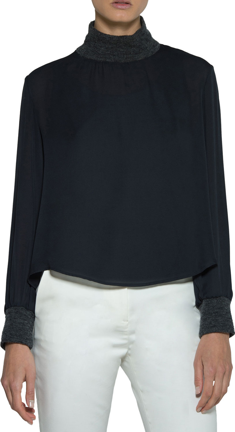 Eleventy Silk Blouse w/ Knit Trim