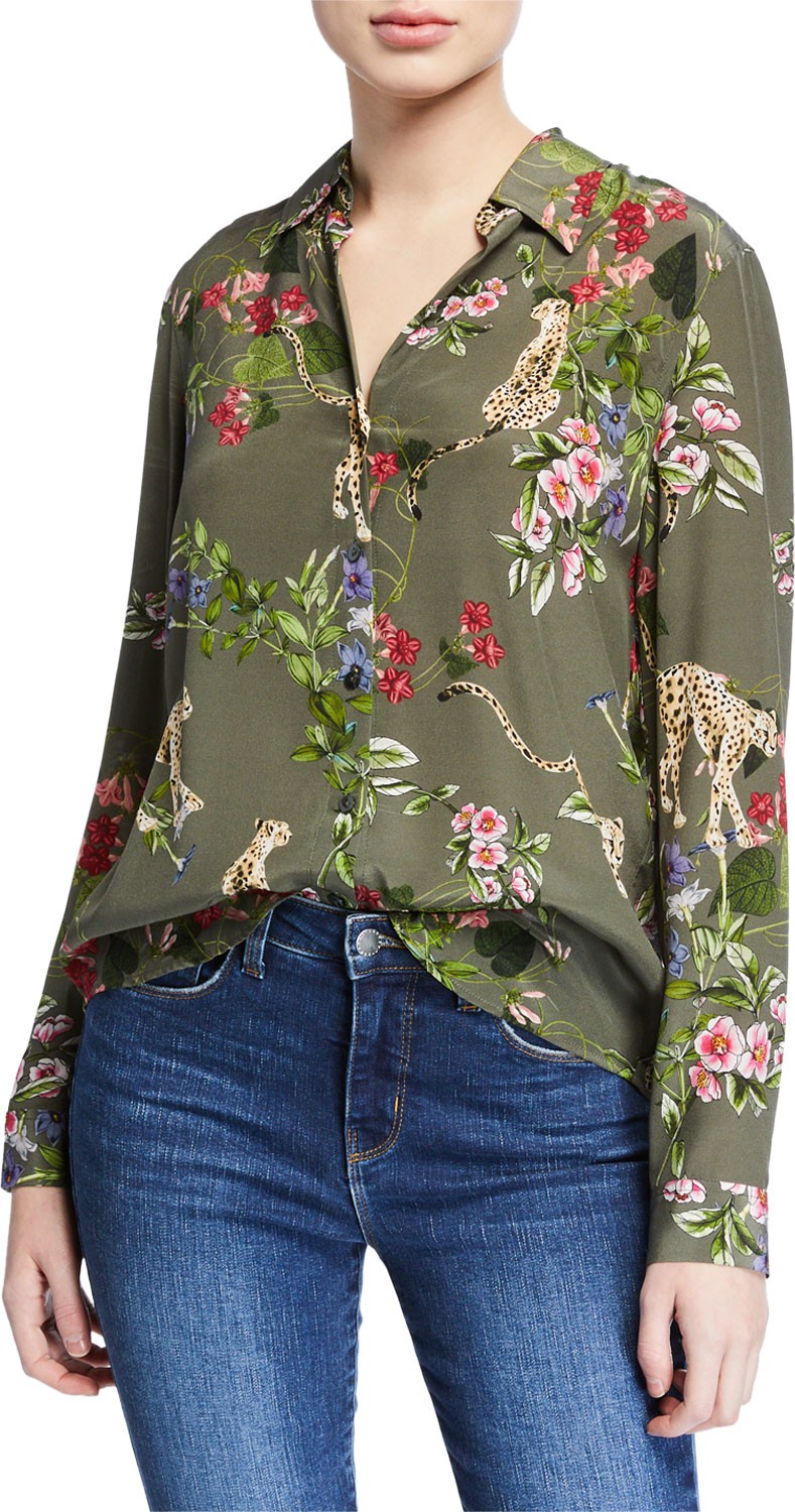 L'AGENCE Nina Long-Sleeve Cheetah & Floral Silk Blouse