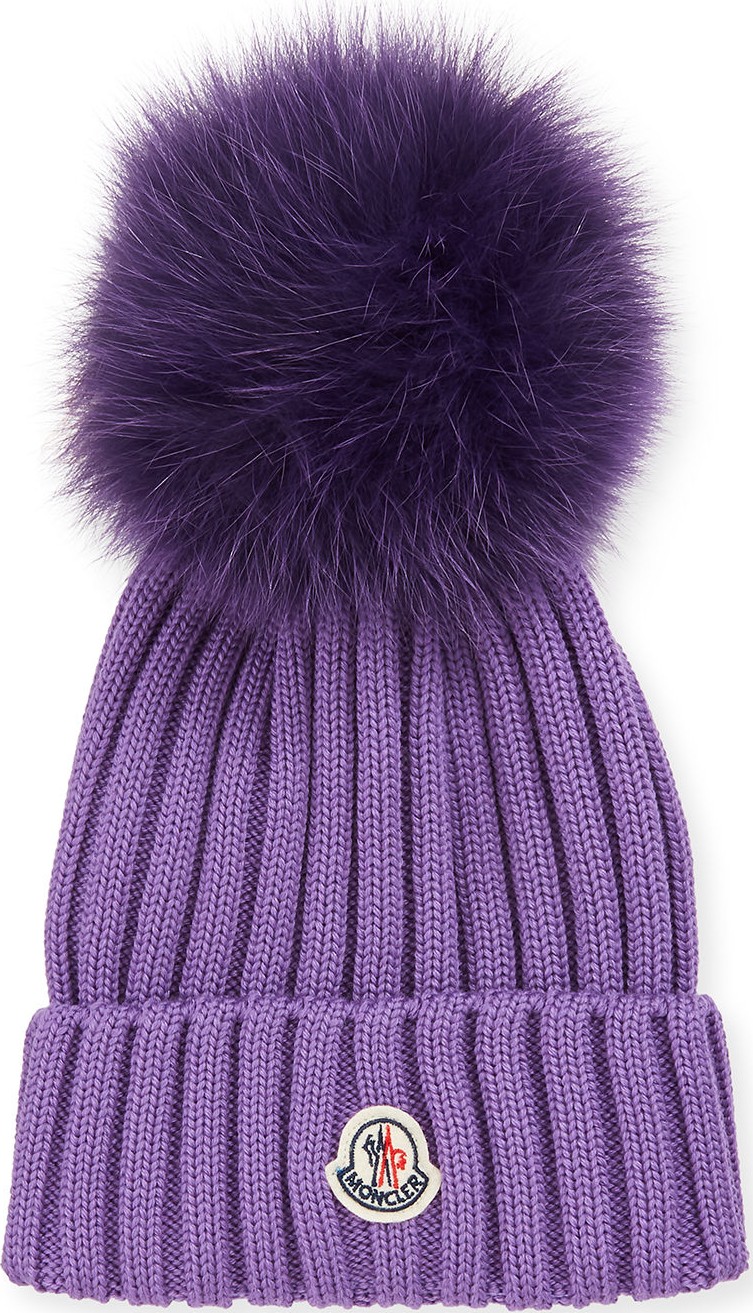 Moncler Berretto Knit Hat w/ Fur Pompom