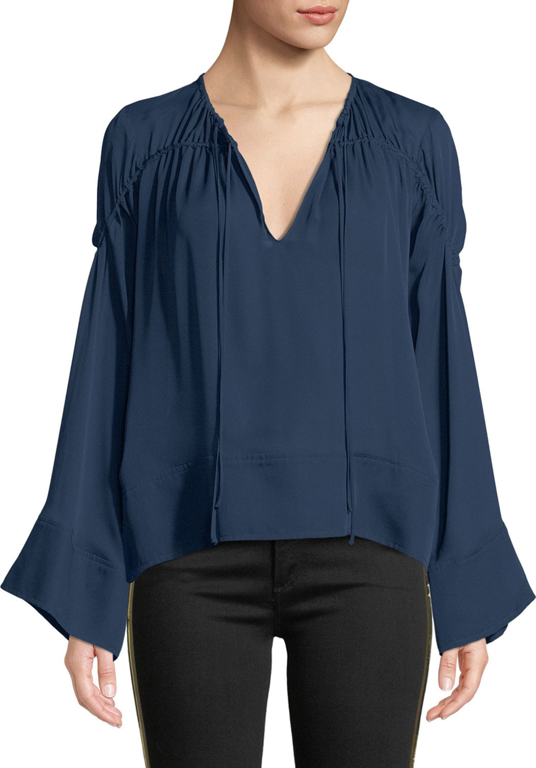 Cinq A Sept Anatolia Flare-Sleeve Ruched Silk Top