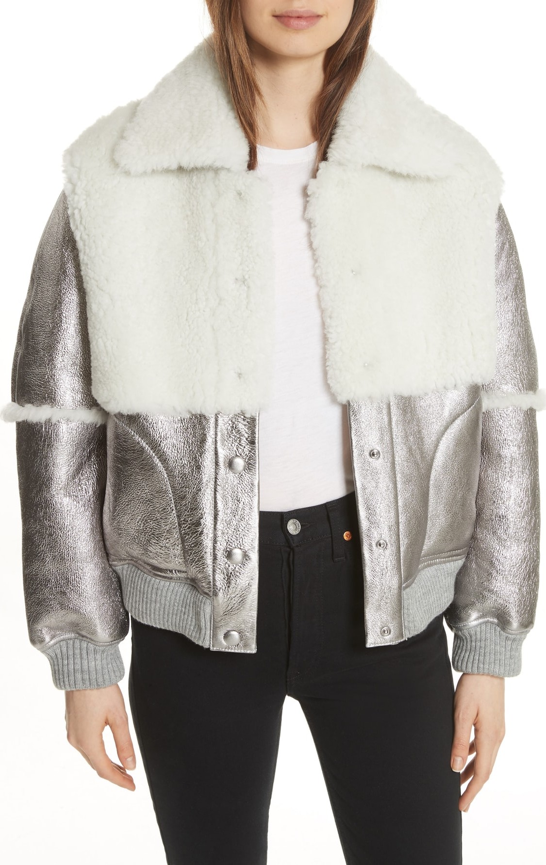 See By Chloé Genuine Shearling Metallic Bomber Jacket