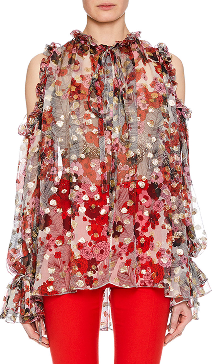 Alexander McQueen Tie-Neck Cold-Shoulder Feather-Flower Fil Coupe Tunic w/ Ruffled Trim
