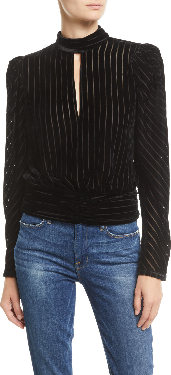 FRAME DENIM Velvet High-Neck Striped Long-Sleeve Party Top