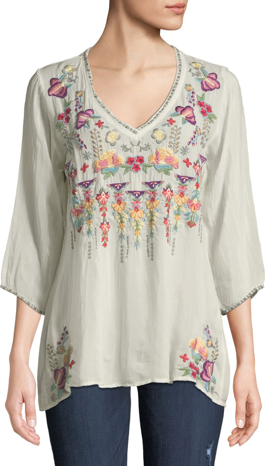 Johnny Was Nixie V-Neck 3/4-Sleeve Floral-Embroidered Blouse