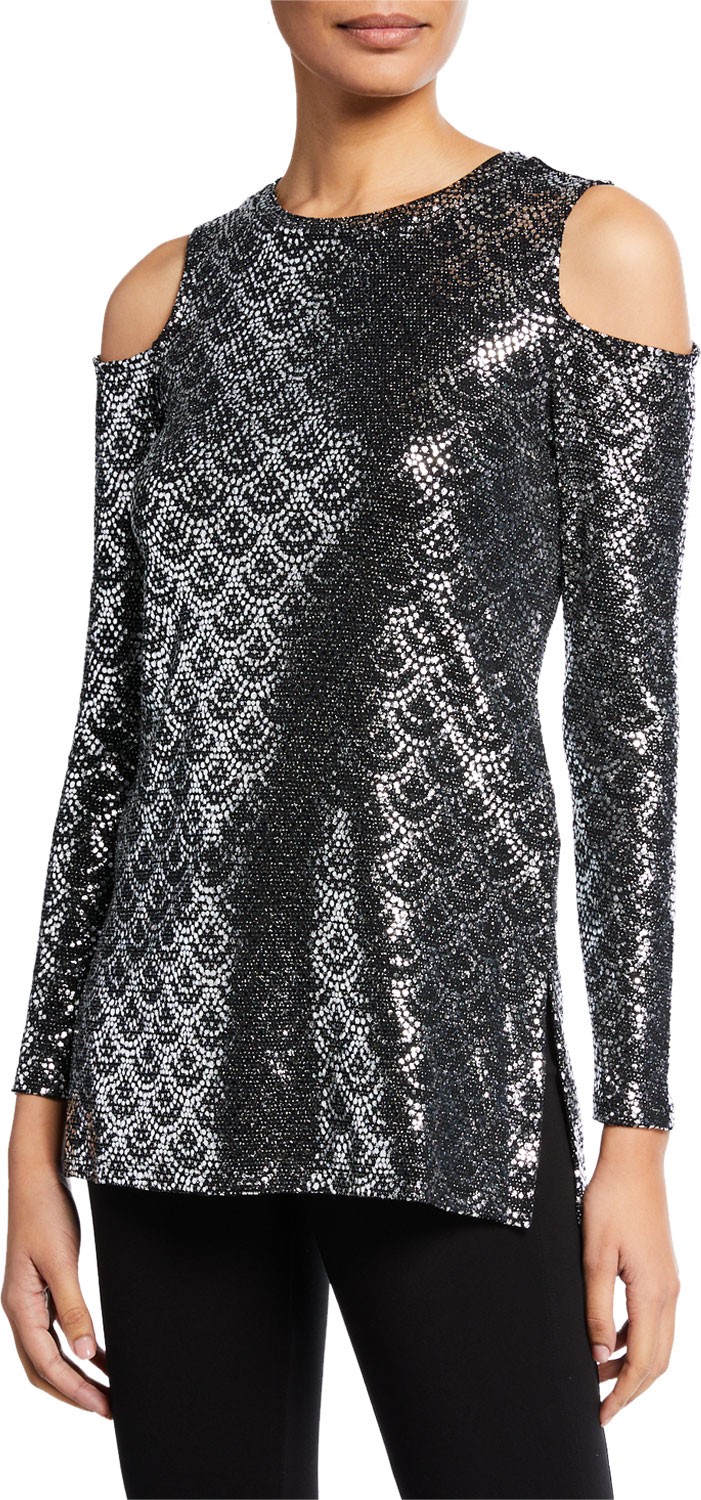 MICHAEL MICHAEL KORS Metallic Chandelier Long-Sleeve Cold-Shoulder Top
