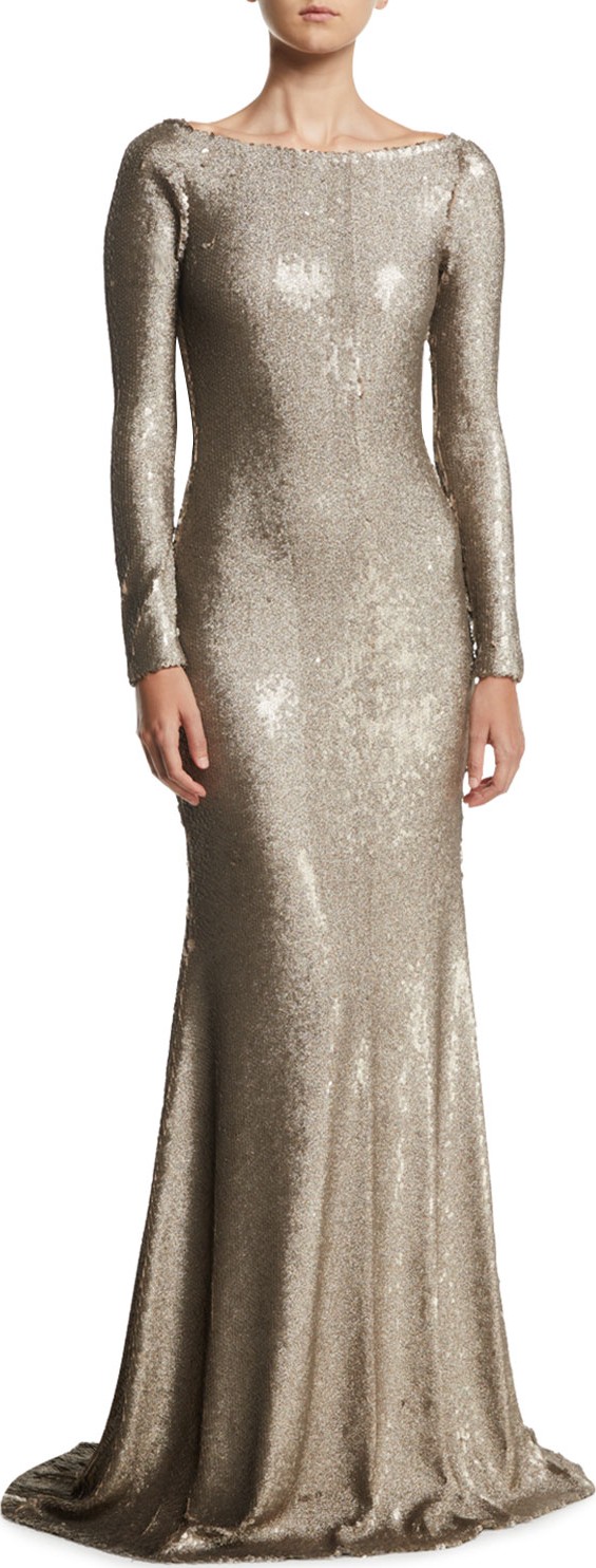 Naeem Khan Cowl-Back Boat-Neck Long-Sleeve Fitted Sequin Evening Gown