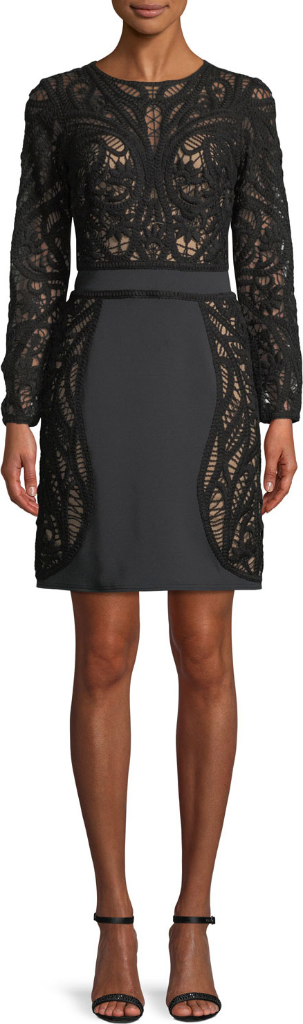 Tadashi Shoji Crochet Lace Long-Sleeve Mini Cocktail Dress