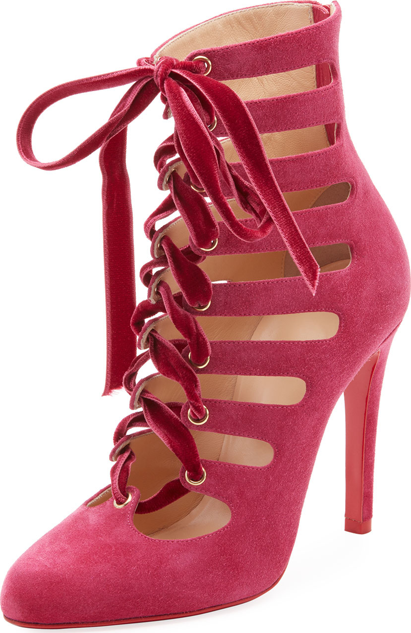 Christian Louboutin Spinetita Cutout Laced Suede Red Sole Bootie Christian Louboutin Spinetita Cutout Laced Suede Red Sole Bootie