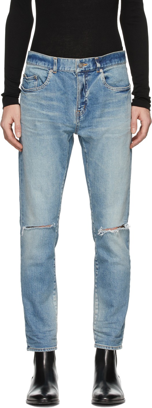 Saint Laurent Blue Distressed Slim Jeans