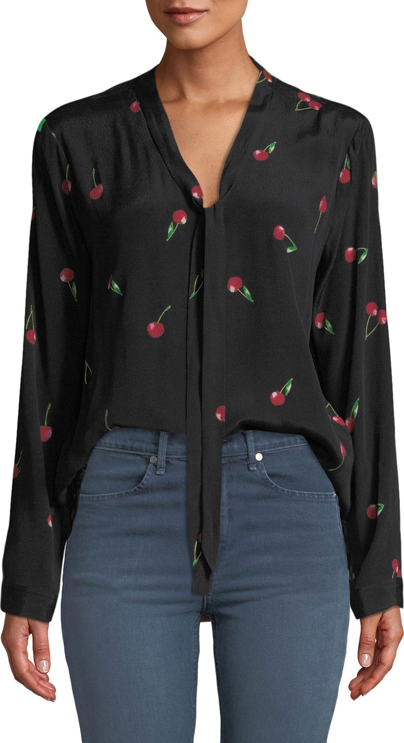 RAILS Rhea Cherry-Print Tie-Neck Long-Sleeve Top