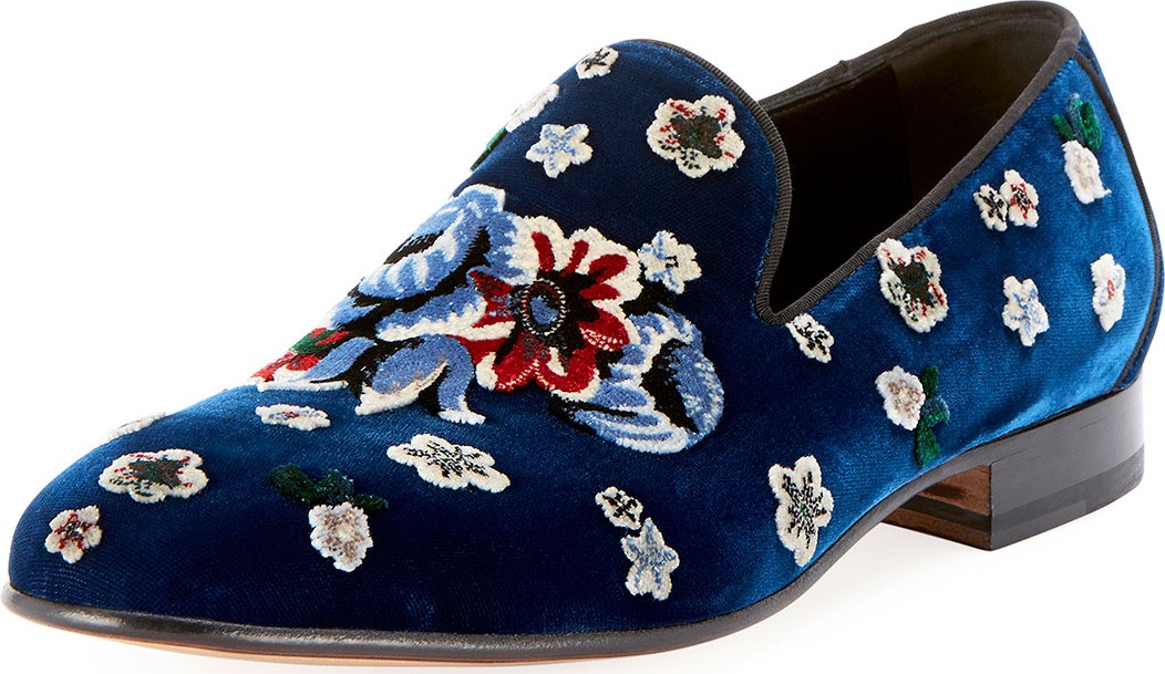 Alexander McQueen Men's Floral-Embroidered Velvet Formal Slippers