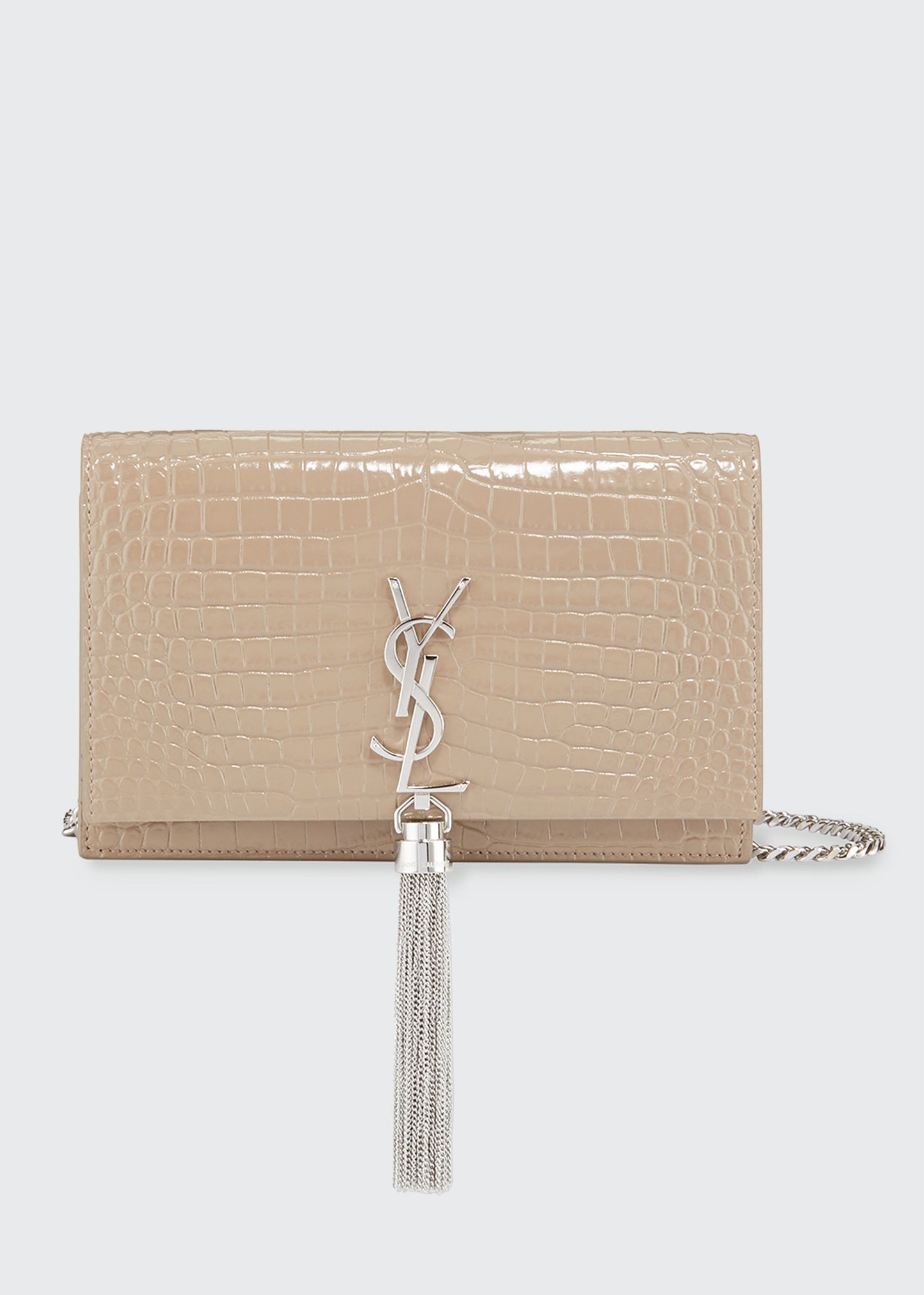 Saint Laurent Kate Shiny Croc-Embossed Wallet w/ Tassel on Chain