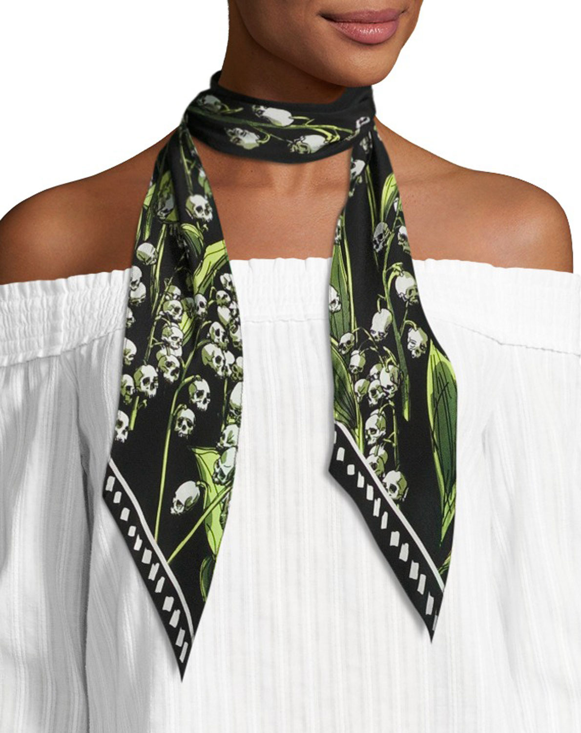Rockins Skull & Flower Print Super Skinny Silk Scarf, Black