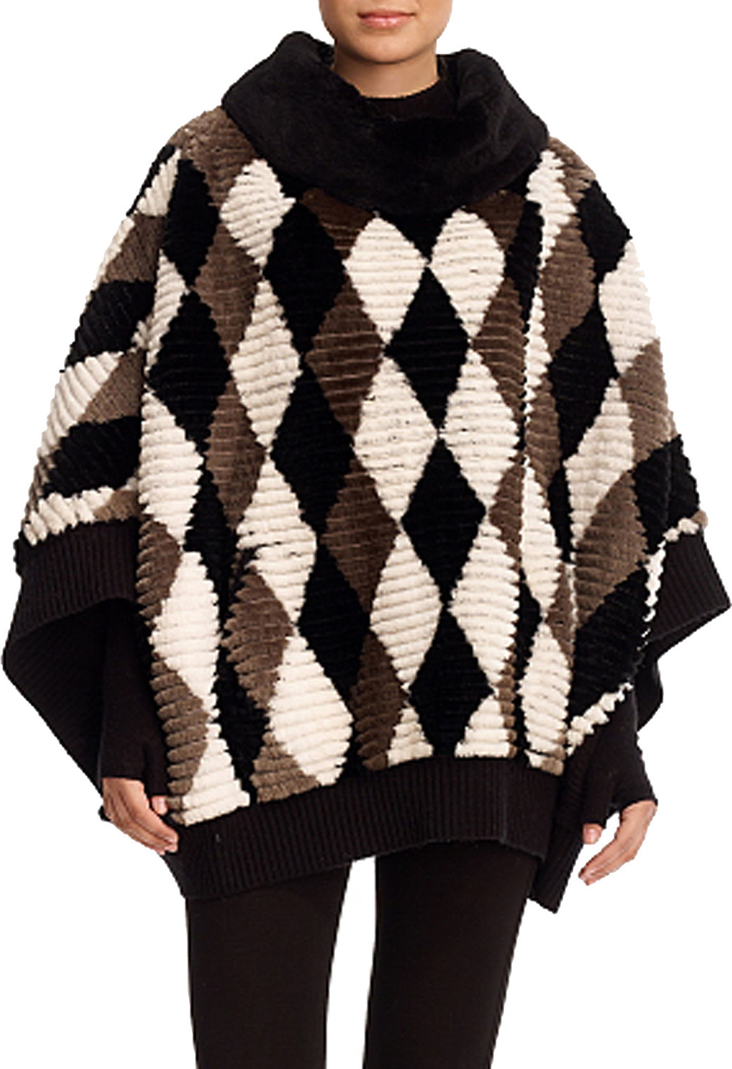 Gorski Diamond-Pattern Sheared Beaver Poncho with Wool-Cashmere Knit