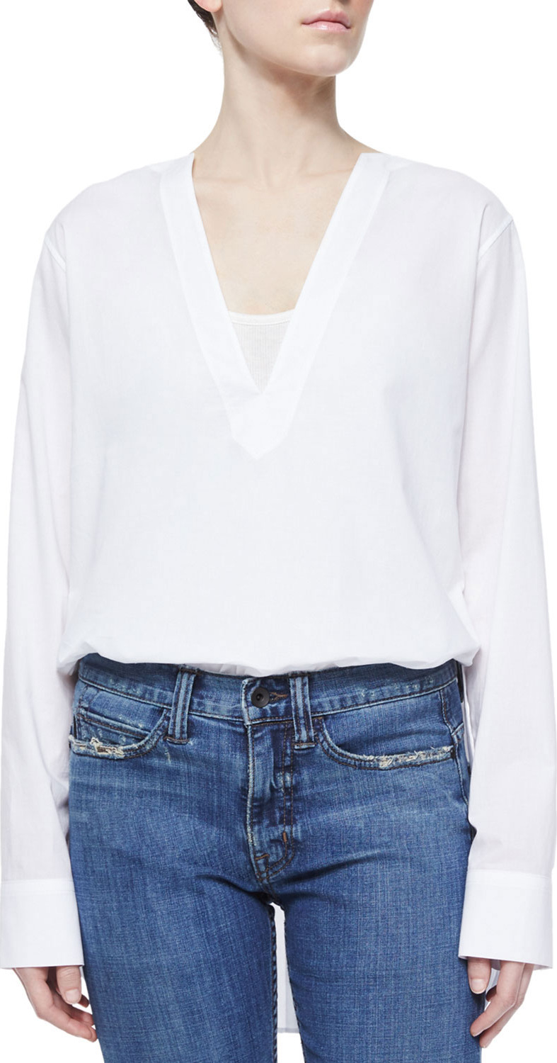Helmut Lang V-Neck Long-Sleeve Tunic Blouse, White