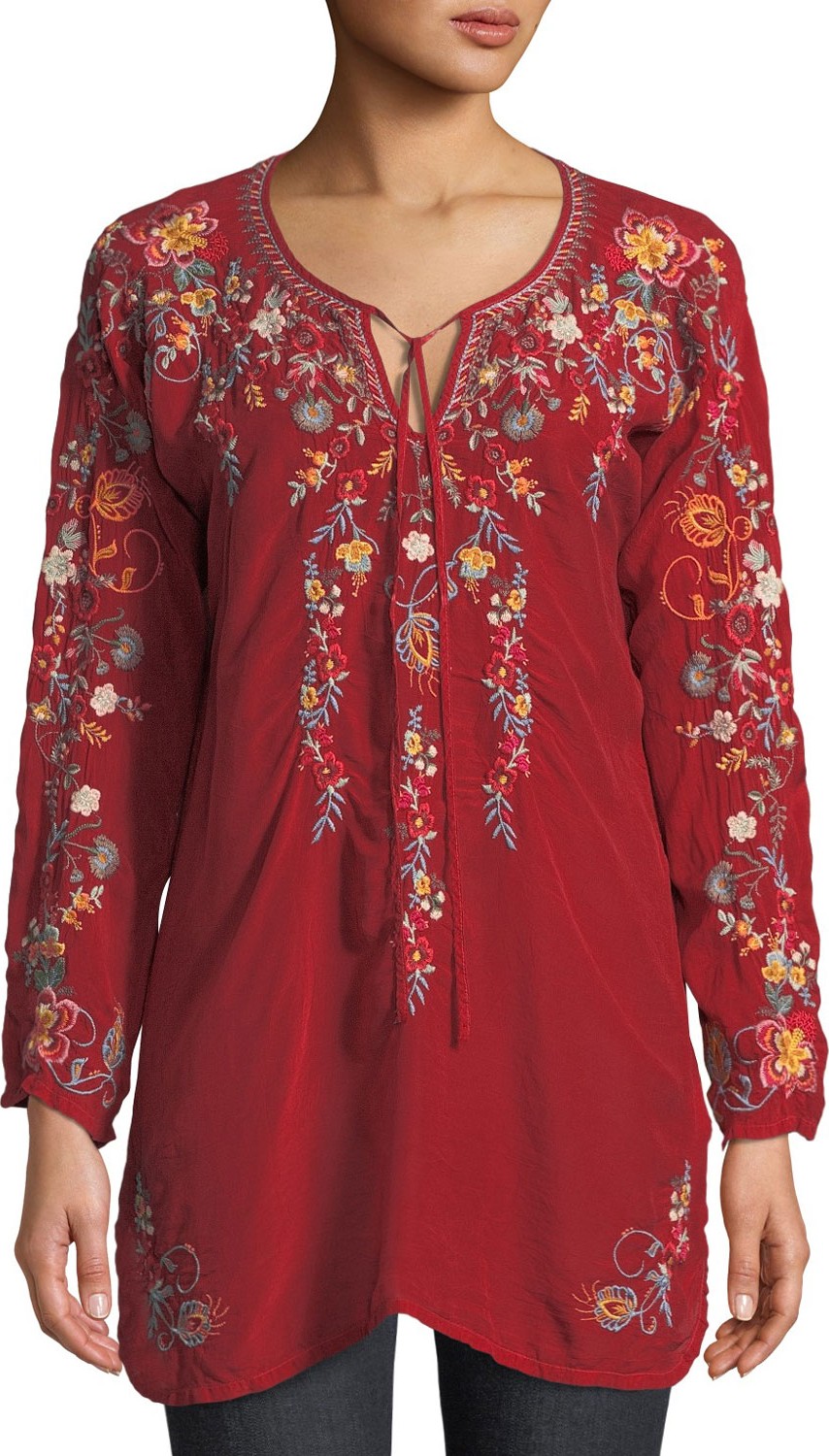 Johnny Was Autumn Bloom Tie-Neck Embroidered Tunic