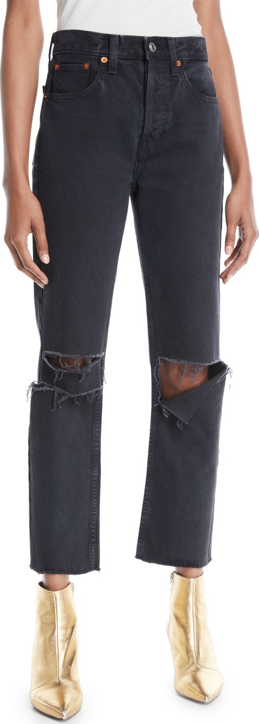 RE/DONE High-Rise Distressed Cropped Straight-Leg Jeans