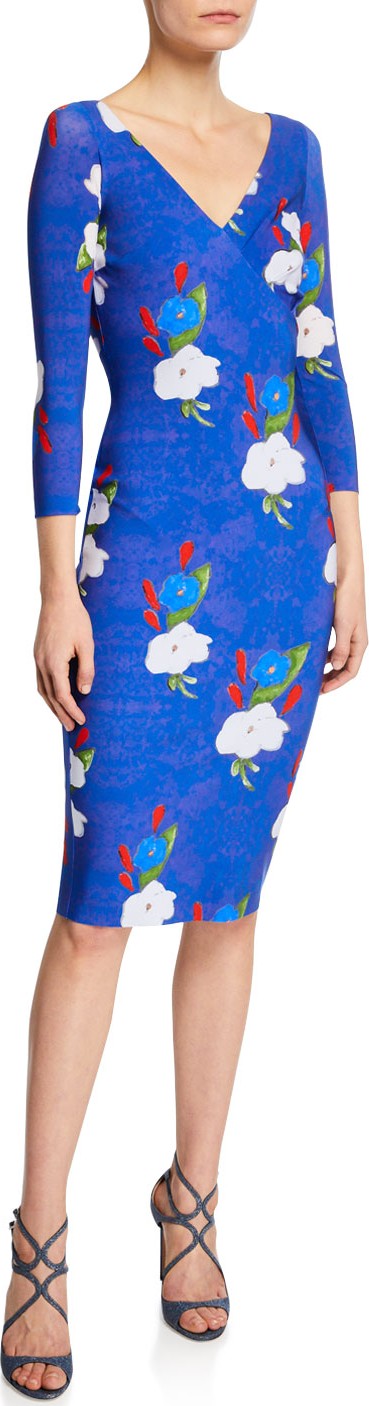 La Petite Robe di Chiara Boni Naktis Floral-Print V-Neck 3/4-Sleeve Bodycon Dress