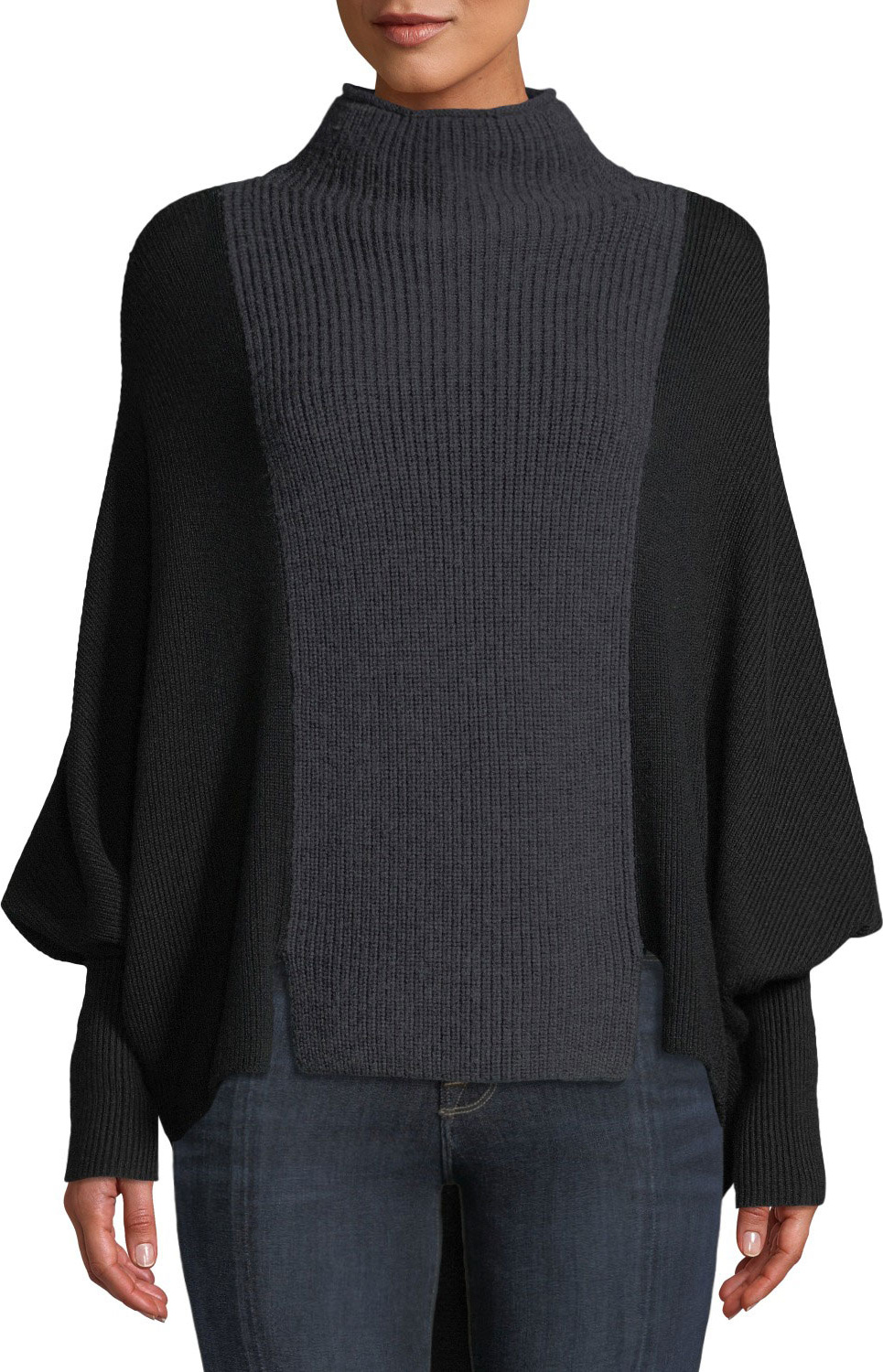 Elie Tahari Dorita High-Neck Blouson-Sleeve Colorblocked Merino Sweater