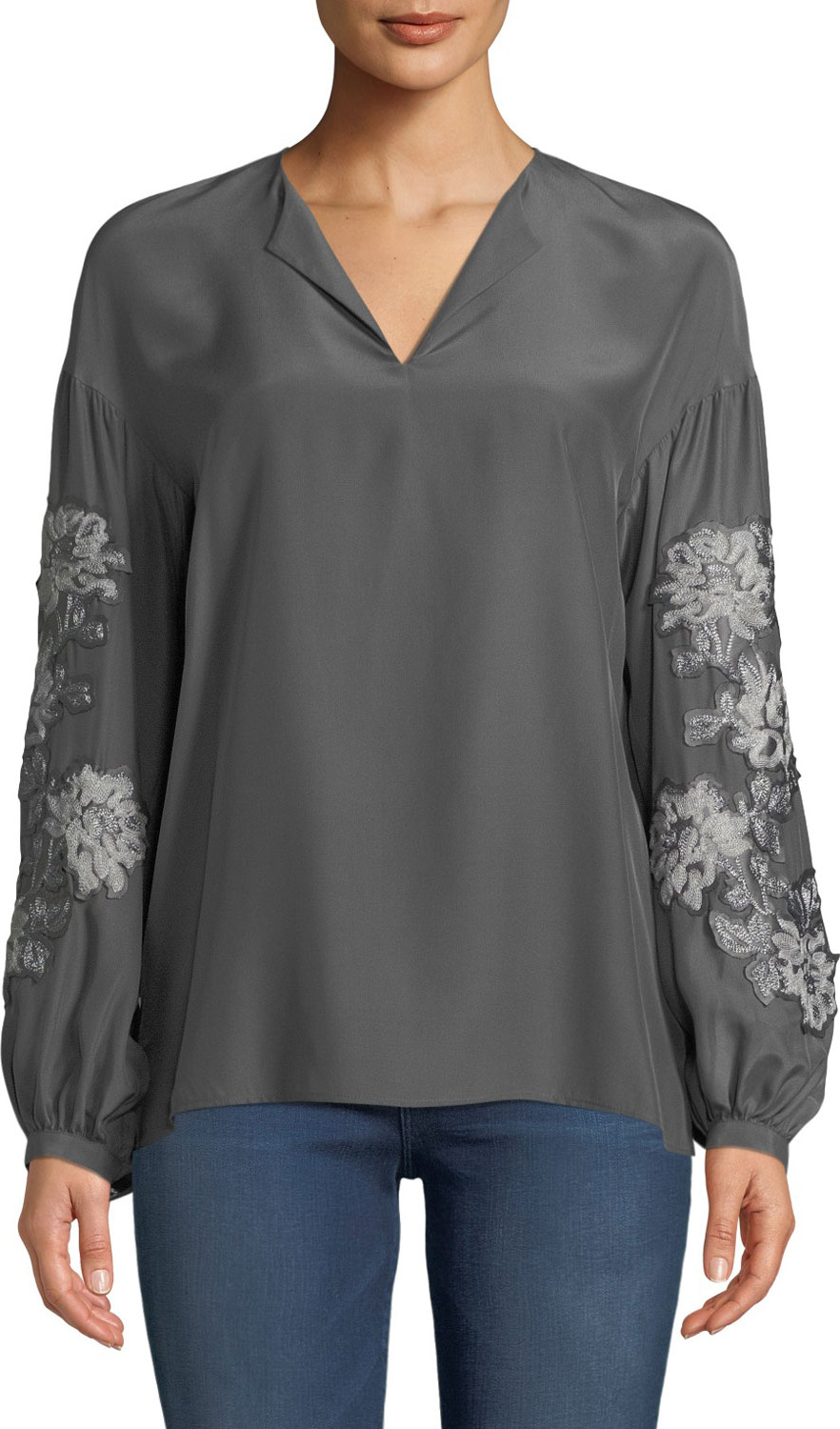 Lafayette 148 New York Aquila Split-Neck Embroidered Sleeve Matte Silk Blouse