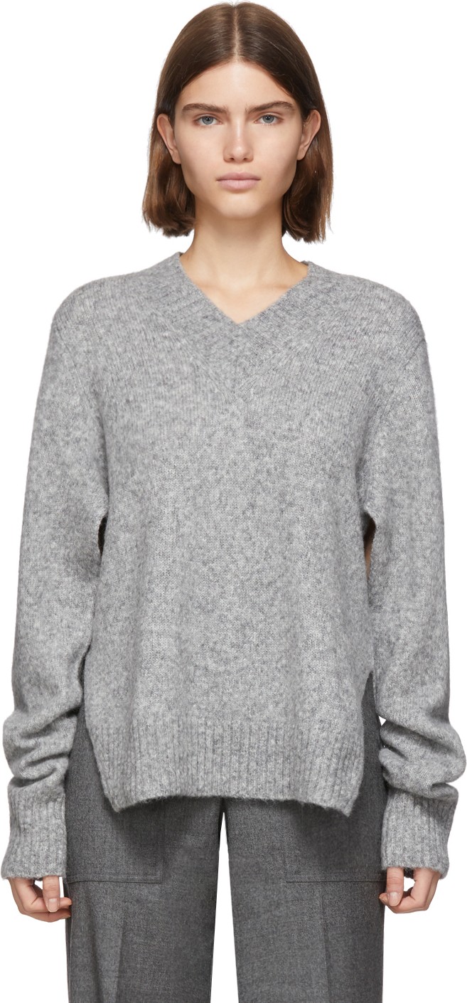 Helmut Lang Grey Wool & Alpaca Brushed V-Neck Tie Sleeve Sweater