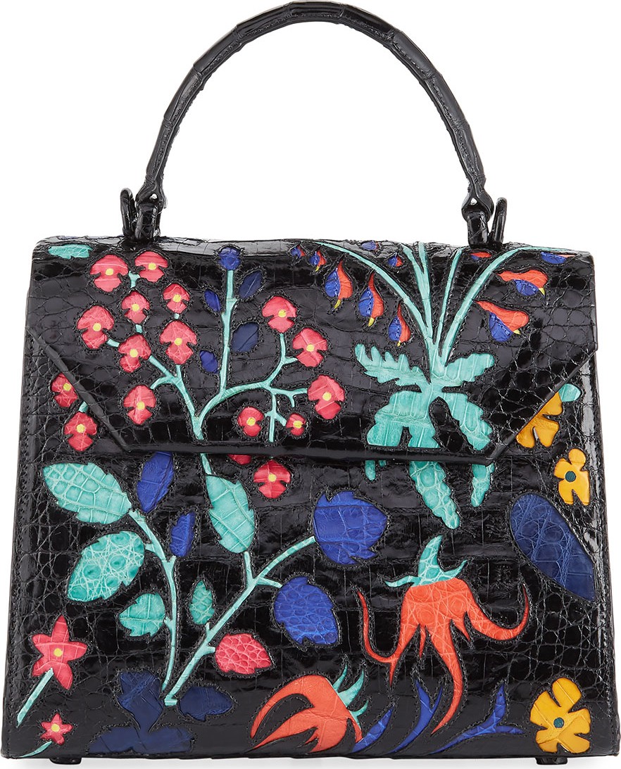 Nancy Gonzalez Lily Medium Crocodile Top-Handle Bag with Floral Inlay