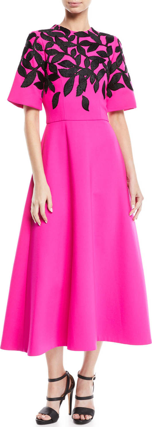 Oscar De La Renta Leaf-Motif Embroidered Long Day Dress