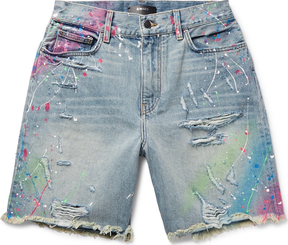 Amiri Thrasher Wide-Leg Distressed Paint-Splattered Denim Shorts