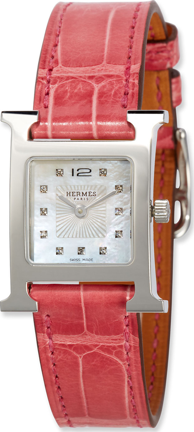 HERMÈS Heure H PM Watch with Diamonds & Raspberry Alligator Strap