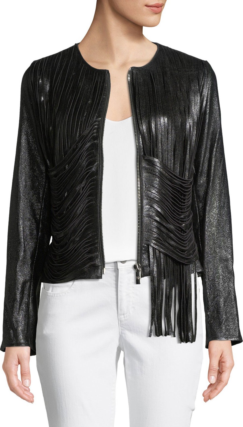 Nour Hammour Zip-Front Draped-Fringe Lamb Leather Jacket