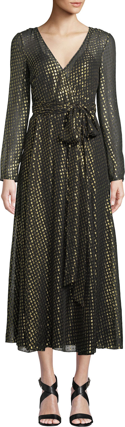 RED Valentino Long-Sleeve Metallic Fil Coupe Wrap Dress