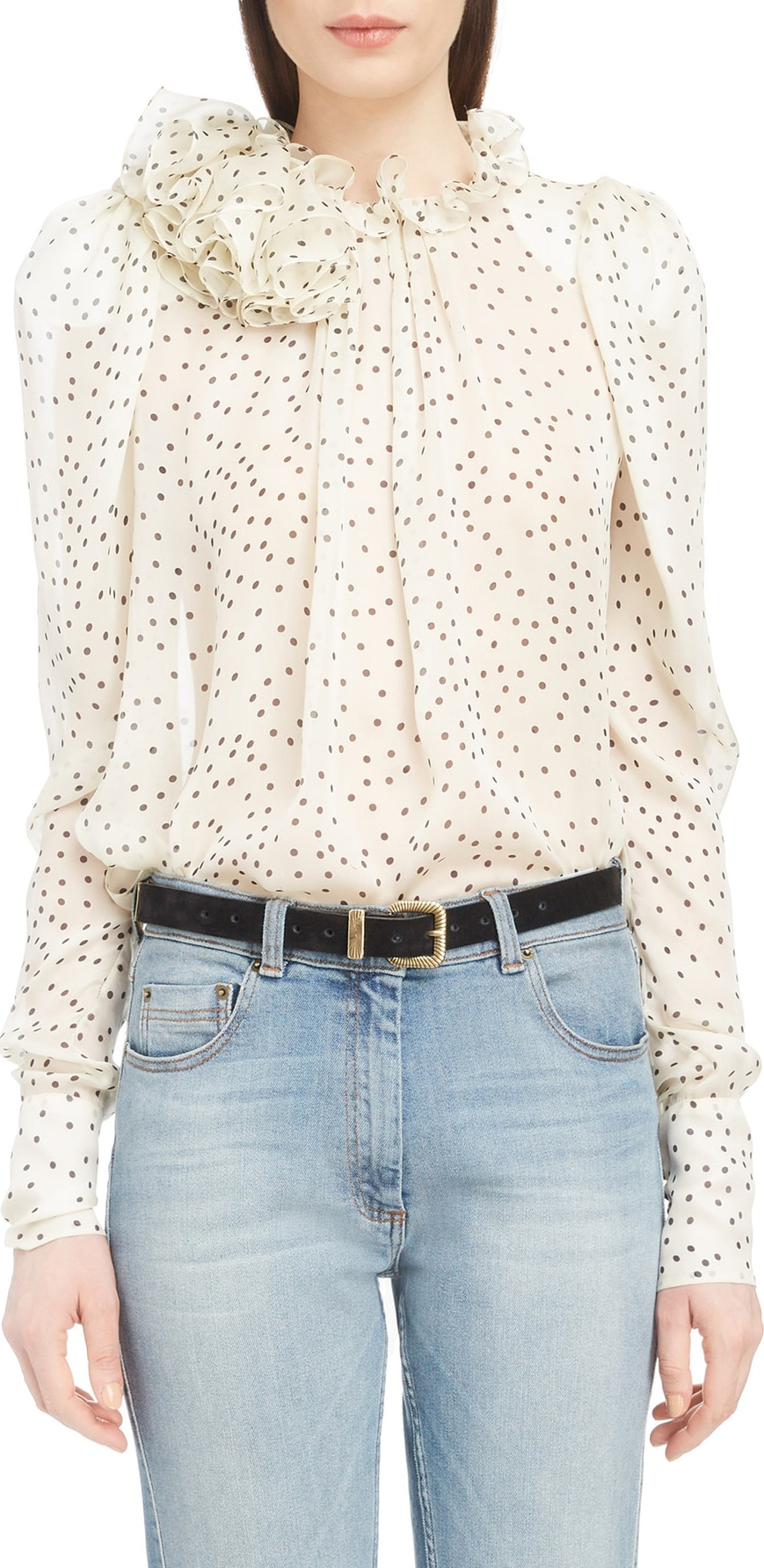 Magda Butrym Ruffle Neck Polka Dot Silk Blouse
