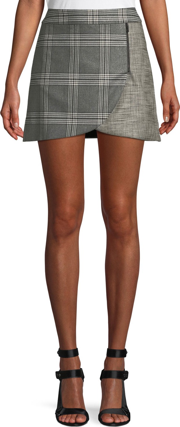 Alice + Olivia Lennon Colorblock Plaid Draped Mini Skirt