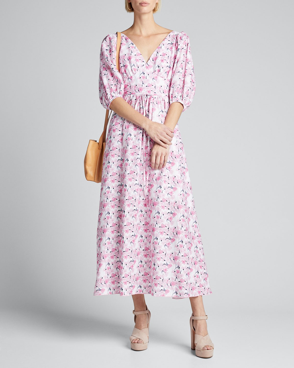 Gül Hürgel Floral-Print Puff-Sleeve Dress with Strappy Open-Back