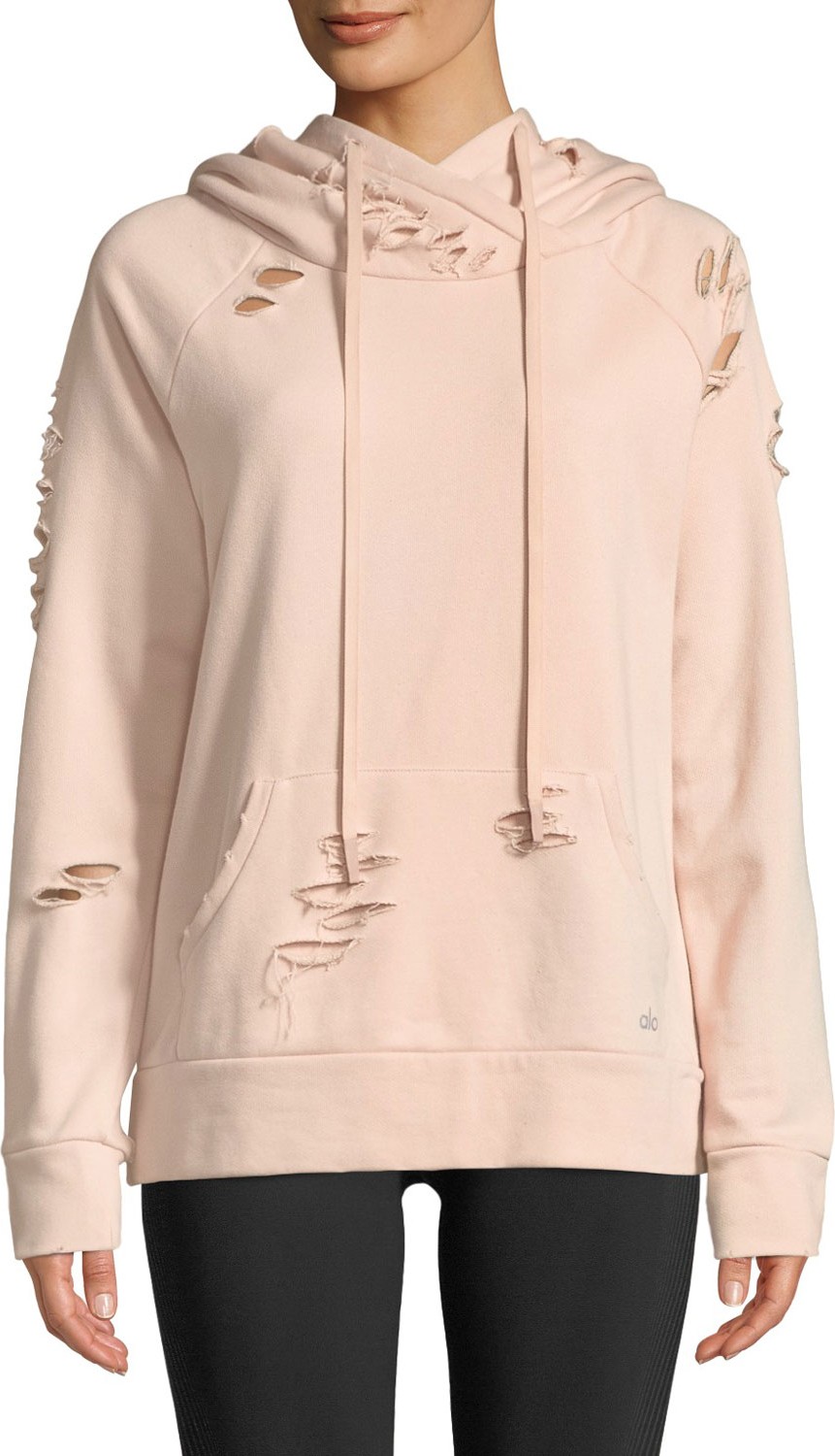 Alo Yoga Ripped French Terry Pullover Hoodie Sweatshirt